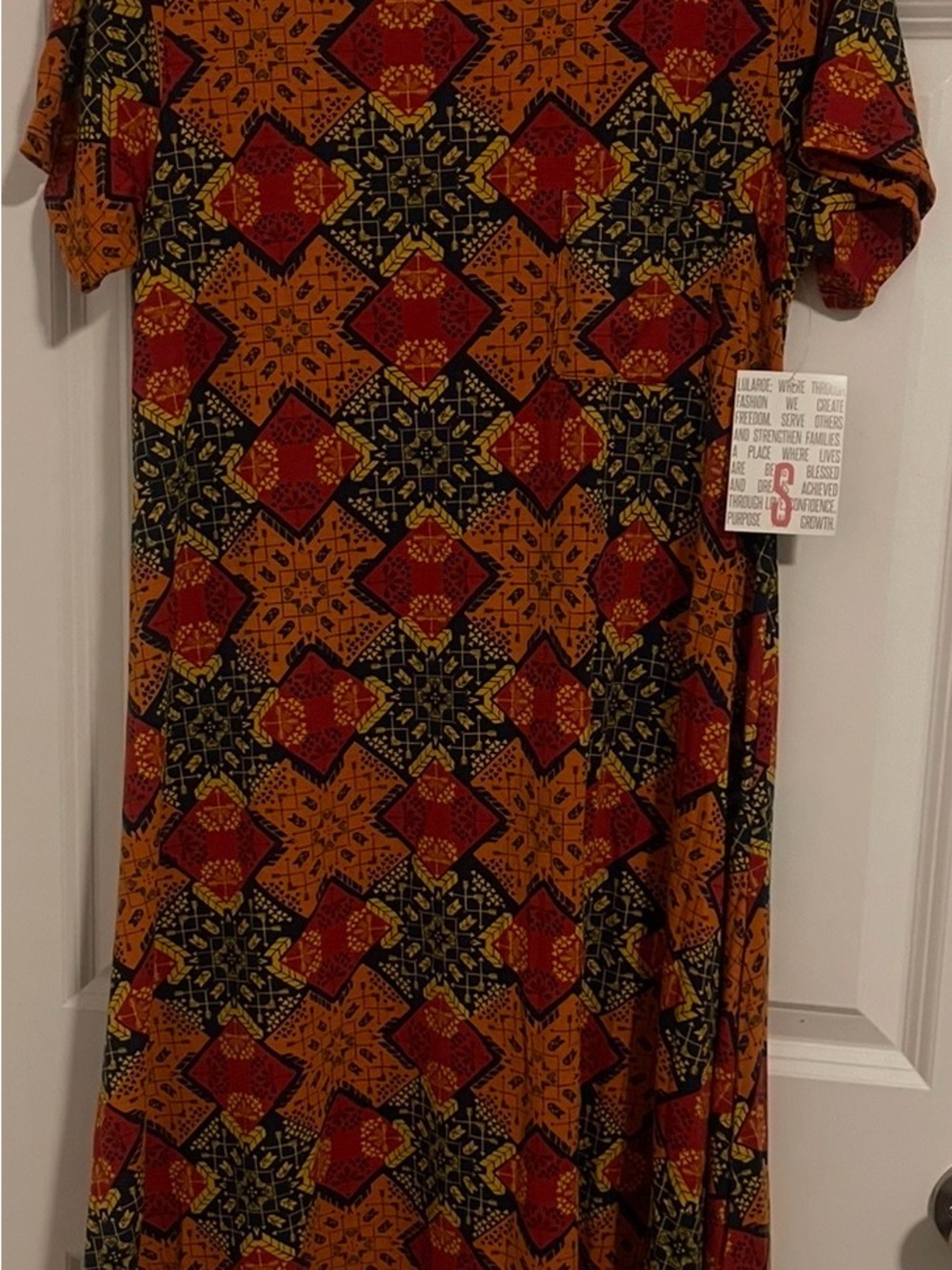 LuLaRoe High-Low Carly Dress in Orange, Red and Black Geometric Print